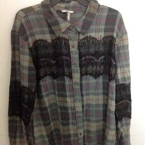 Women's BKE Country City Plaid Lace Shirt! Cute!XL